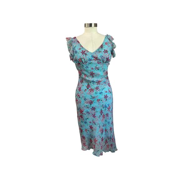 Vintage Y2K La Belle Soft Blue Floral Print Asymmetrical Slip Dress Size 9 - Picture 1 of 9